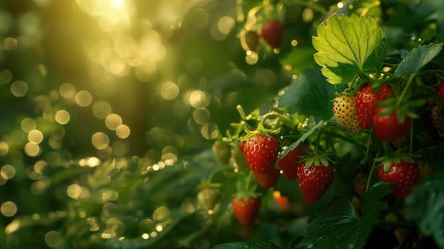 Ripe strawberries on a bush on a nature forest background. Generative AI image