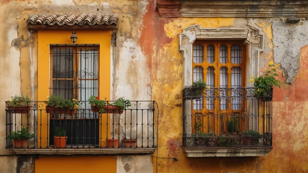 Frontal view of the openwork balconies of the Mediterranean old town. Generative AI image