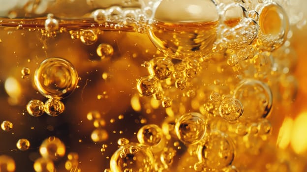 Glossy golden beer bubbles close-up. Generative AI image