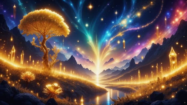 A colorful, fantastical landscape with a tree in the foreground and mountains in the background. The sky is filled with stars and the colors are vibrant and bright