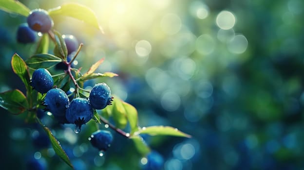 Ripe blueberries on a blueberry bush on a nature forest background. Generative AI image