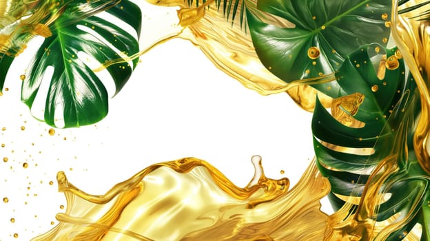 Golden liquid waves and monstera leaves abstract background. Generative AI design
