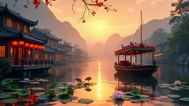 A boat is floating on a river near a village. The sun is setting, casting a warm glow over the scene. The water is calm and peaceful, and the surrounding buildings add to the serene atmosphere