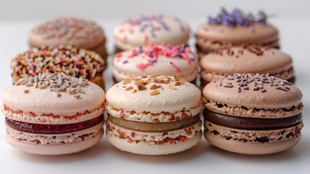 A variety of flavored macarons topped with different sprinkles, made with buttercream filling. These baked goods are a popular dessert in French cuisine and a delicious finger food option