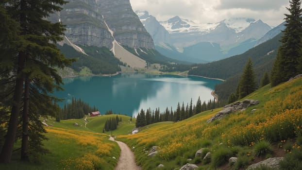 A beautiful mountain lake with a red cabin in the distance. The lake is surrounded by a lush green field and the mountains in the background. The scene is peaceful and serene
