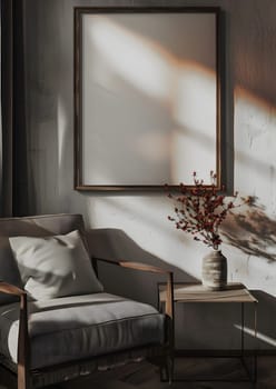 An interior design of a living room in a house, featuring a chair, table, vase of flowers, and picture frame on the wall. The furniture is made of wood, and the floor is covered with flooring