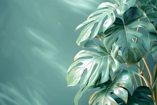 A close up of a tropical terrestrial plant with lush green leaves on a vibrant green background, highlighting the intricate details of the plants foliage