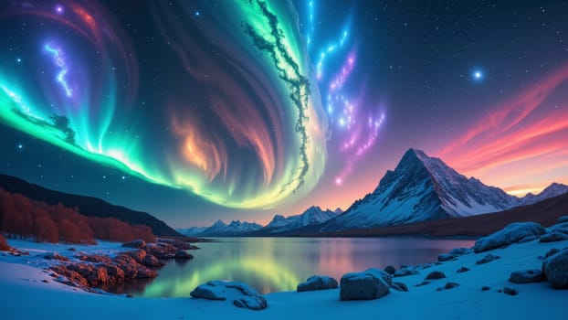 A beautiful night sky with a rainbow of colors and a mountain range in the background. The sky is filled with auroras and the mountains are covered in snow
