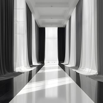 The buildings interior design features a long hallway with blackandwhite curtains, a white carpet, and symmetrical artwork on the grey floor