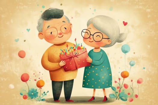 Gray-haired grandmother holding pink birthday cake and balloons