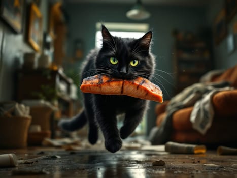 Black cat running through the living room, proudly carrying a large grilled salmon steak, creating a delightful mess along the way. Ai generated