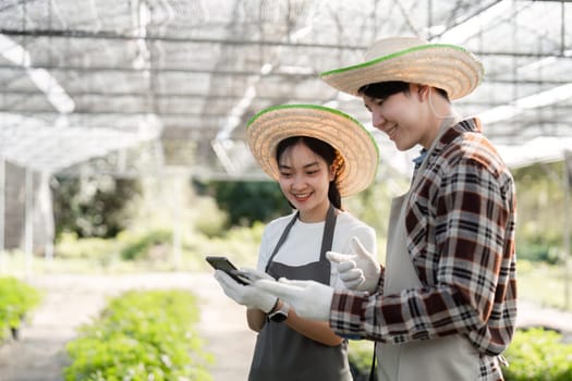 A modern farmer couple tending to herbs and cannabis plants in a greenhouse, showcasing sustainable agriculture and teamwork.