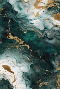 Vibrant abstract artwork showcasing fluid waves of deep teal and shimmering gold. Dynamic movement and rich textures create captivating visual experience, perfect for modern decor, artistic projects