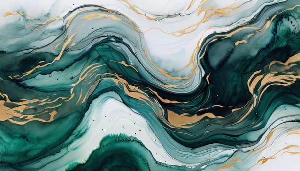 Vibrant abstract artwork showcasing fluid waves of deep teal and shimmering gold. Dynamic movement and rich textures create captivating visual experience, perfect for modern decor, artistic projects