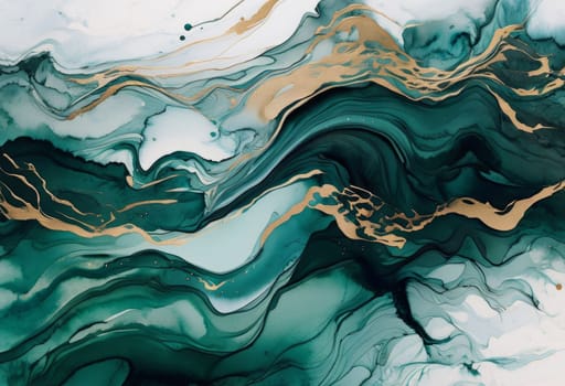 Vibrant abstract artwork showcasing fluid waves of deep teal and shimmering gold. Dynamic movement and rich textures create captivating visual experience, perfect for modern decor, artistic projects