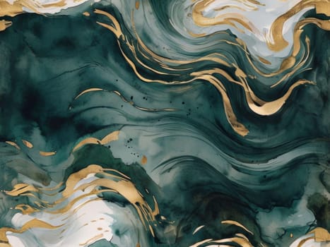 Vibrant abstract artwork showcasing fluid waves of deep teal and shimmering gold. Dynamic movement and rich textures create captivating visual experience, perfect for modern decor, artistic projects