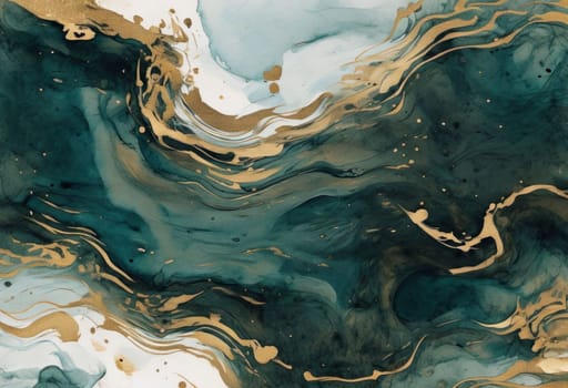 Vibrant abstract artwork showcasing fluid waves of deep teal and shimmering gold. Dynamic movement and rich textures create captivating visual experience, perfect for modern decor, artistic projects