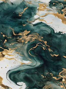 Vibrant abstract artwork showcasing fluid waves of deep teal and shimmering gold. Dynamic movement and rich textures create captivating visual experience, perfect for modern decor, artistic projects