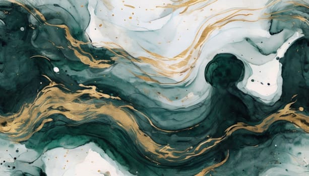 Vibrant abstract artwork showcasing fluid waves of deep teal and shimmering gold. Dynamic movement and rich textures create captivating visual experience, perfect for modern decor, artistic projects