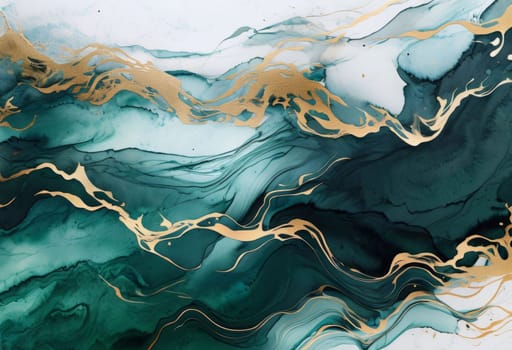Stunning abstract design featuring swirling patterns in lush green and radiant gold accents. Harmonious flow and elegant textures evoke creativity, ideal for contemporary art lovers, stylish interiors