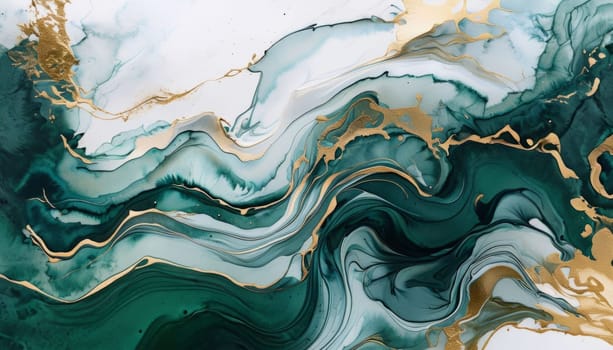 Beautiful abstract composition highlighting smooth waves and golden streaks. Lush colors and mesmerizing textures bring sense of tranquility, ideal for art enthusiasts, modern design aesthetics