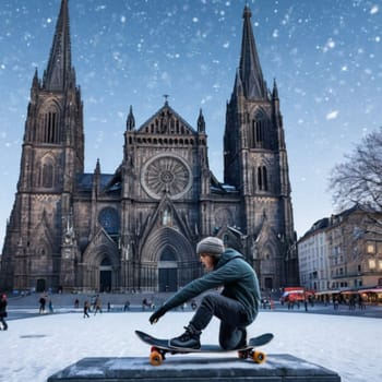 city ​​square in winter, cathedral sculpture architecture art. High quality photo