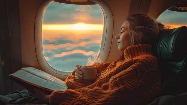 A serene traveler finds joy as they savor a good book and tea while on an airplane, gazing at a stunning sunset