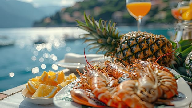 A scrumptious seafood platter featuring succulent shrimp and fresh pineapple, set against a breathtaking coastal view