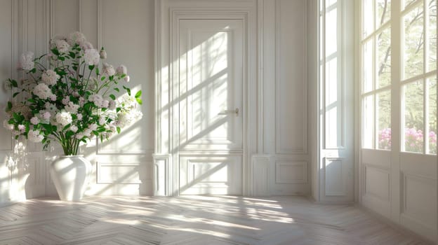 A bright, airy interior with a lovely vase and sunlit windows, creating a serene and peaceful atmosphere