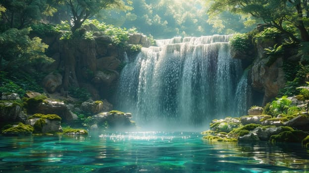 A stunning waterfall cascades into a clear pool, surrounded by vibrant, lush green foliage and trees