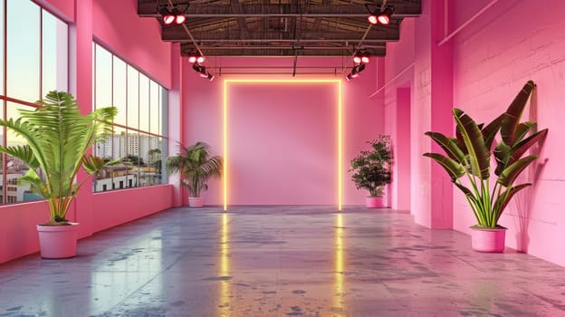 A trendy pink studio space that showcases neon accents alongside vibrant lush greenery for a modern touch
