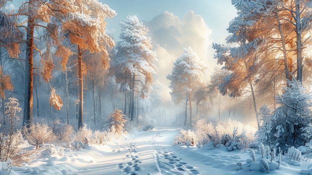 A tranquil winter landscape with snowblanketed trees and a serene pathway softly illuminated by gentle sunlight