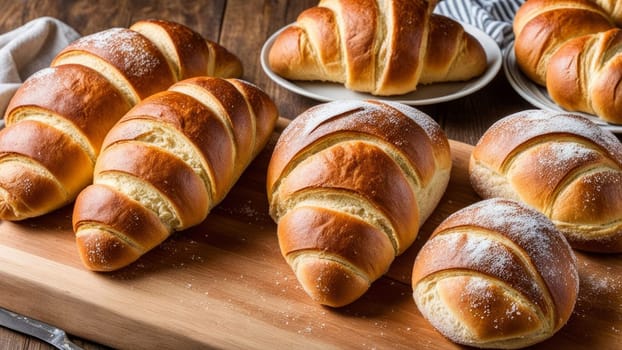 Freshly baked croissants arranged beautifully on wooden board. Golden-brown crusts glisten, inviting bites of soft, fluffy interiors. Perfect for breakfast or brunch settings