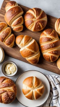 Freshly baked croissants arranged beautifully on wooden board. Golden-brown crusts glisten, inviting bites of soft, fluffy interiors. Perfect for breakfast or brunch settings