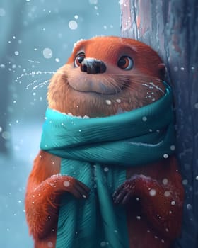 In a charming winter scene, a cute otter is wearing a blue scarf amidst the snowy setting