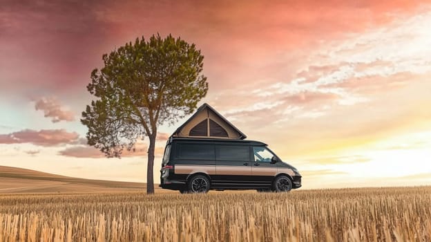 Modern camper van parked in a field at sunset, evoking freedom and wanderlust for those seeking adventure in the outdoors