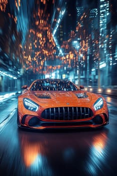 A fast-moving orange sports car on a night road in the city. A sports car in motion on a night road.