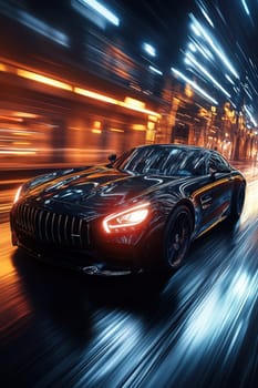 A black sports car drives fast on a city night road.