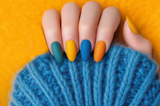 Manicure with wool of different colors yellow background