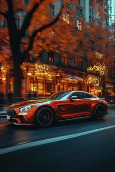 A fast-moving sports car. Sports car in motion on the road.
