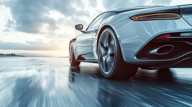 A fast-moving sports car on ice . A sports car in motion on the road.