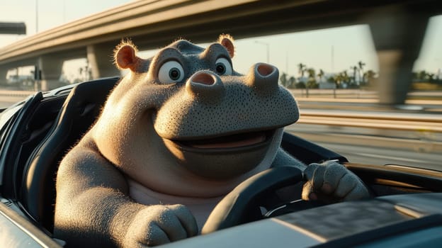 A hippo sits behind the wheel of a race car and competes in a championship race.