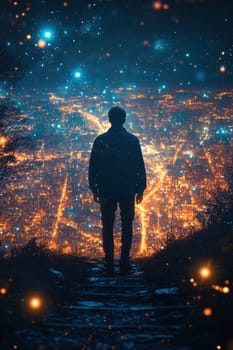Silhouette of a man against the background of a city at night.
