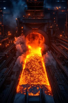 The red-hot metal goes along the conveyor at the metallurgical plant. hot steel on the conveyor.