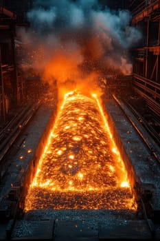 Rolled steel at a metallurgical plant. hot steel on the conveyor.
