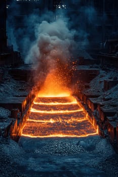 The red-hot metal goes along the conveyor at the metallurgical plant. hot steel on the conveyor.
