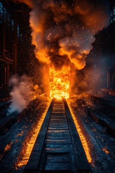 Rolled steel at a metallurgical plant. hot steel on the conveyor.