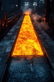 The red-hot metal goes along the conveyor at the metallurgical plant. hot steel on the conveyor.