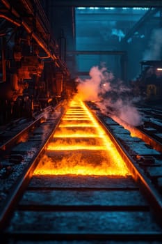 Rolled steel at a metallurgical plant. hot steel on the conveyor.