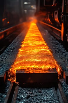 The red-hot metal goes along the conveyor at the metallurgical plant. hot steel on the conveyor.